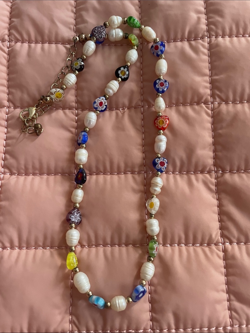 New Multicolor Floral Glass & Freshwater Pearl Necklace